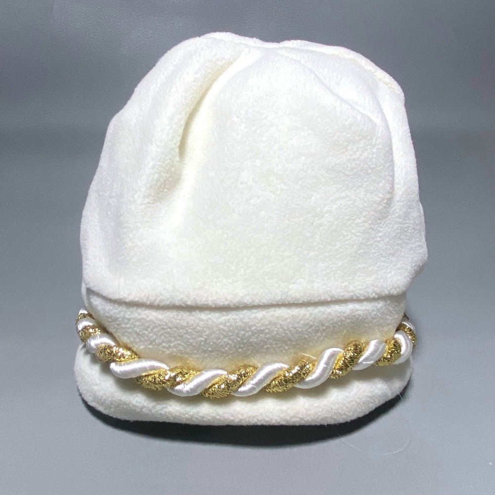 St Johns Bay Womens White‎ Fleece Beanie Hat Gold Rope Trim RN93677